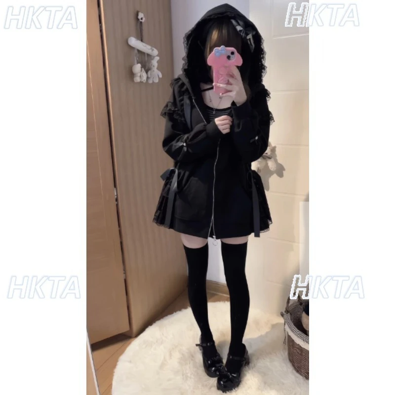 Japanese Subculture Dark Y2k Lace Bow Strap Hooded Coat Autumn Punk Sweet Cool Two Dimensional Loose Hoodies Jacket Top Women