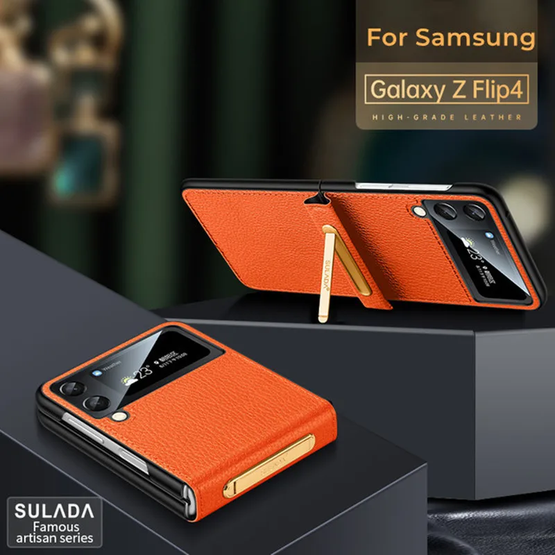 

For Samsung Z Flip 4 Case SULADA Famous Craftsman Leather Bracket Protective Hard Cover For Galaxy Z Flip 3 Folding Shell