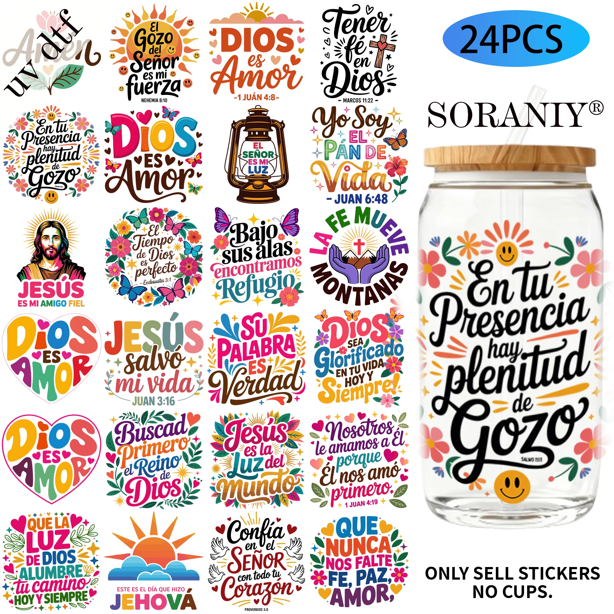 24PCS/Set Spanish Bible Verse Seal Themed UV DTF 16OZ DIY Transfer Paper Set Used For 16oz Water Bottles Glass BottlesDIY Sticke