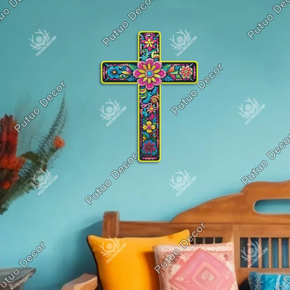 Putuo Decor 1pc Mexican Style Crucifix Wood Wall Art Decor, Wooden Wall Mounted Cross for Home Church , 15.9 X 11.8 Inches