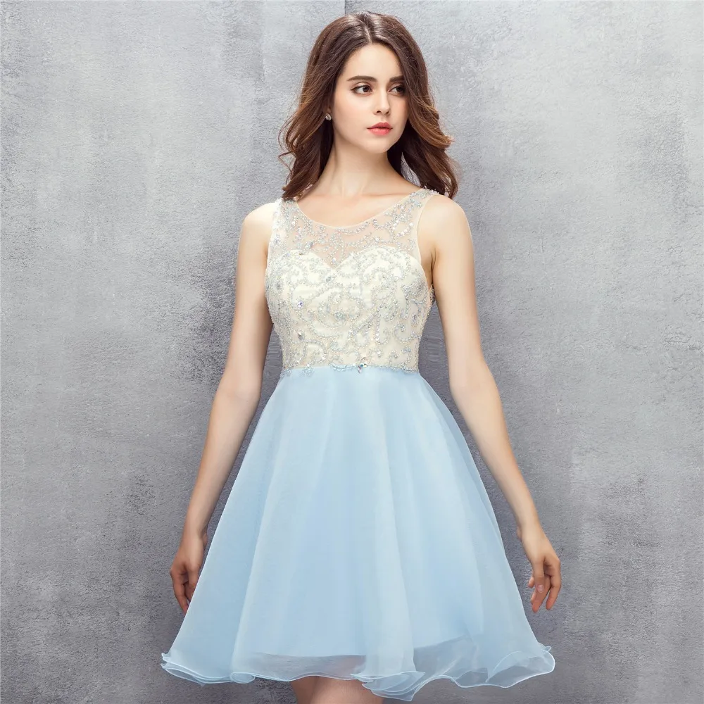 Real Photo Sky Blue Homecoming Dresses A-Line Mini Organza Beaded Backless Elegant ชุดเกาะอก