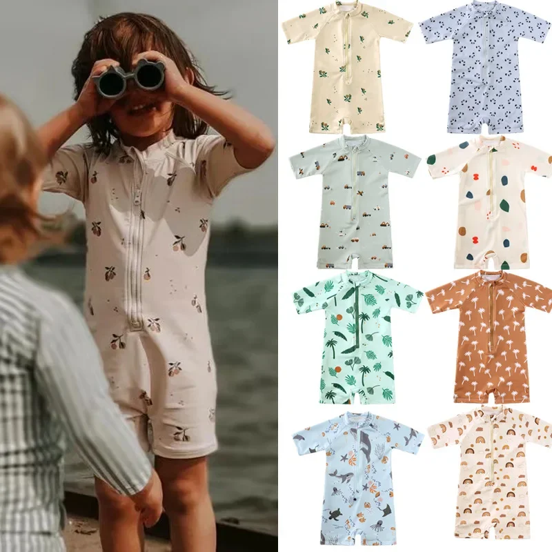 Jumpsuit tanaman motif bunga anak, pakaian renang anak-anak, baju renang luar ruangan, pakaian renang musim panas, cepat kering, perlindungan matahari, Jumpsuit tanaman bunga