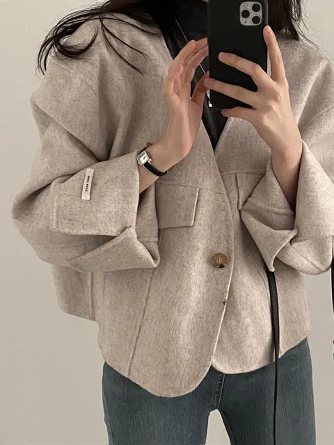 

Retro V-Ne Roll Sve Woolen Coat ort Loose Fit Trendy Cardigan for Women Chic Anti-Aging Spring Faion Ladies' Jaet