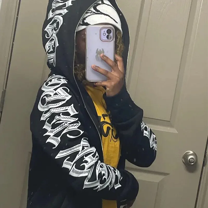 

Y2K Fashion Hoodies Men Harajuku Gothic Printed Oversized Full Zipper Sweatshirts Pants Hip Hop Hooded Jacket Coats Streetwear