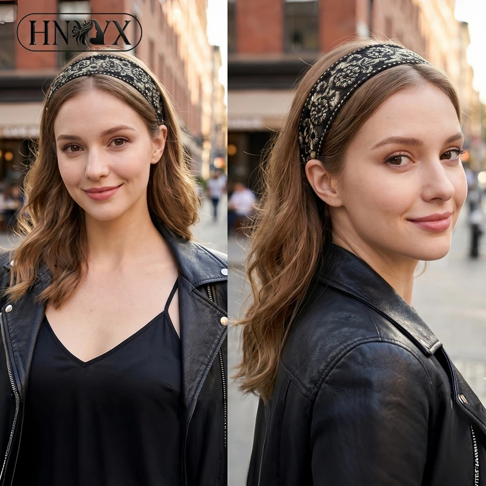 

HNYYX Vintage Black Gold Lace Embroidery Headband for Women Wide Brim Non slip Hair Hoop Banquet Party Hair Accessories A431