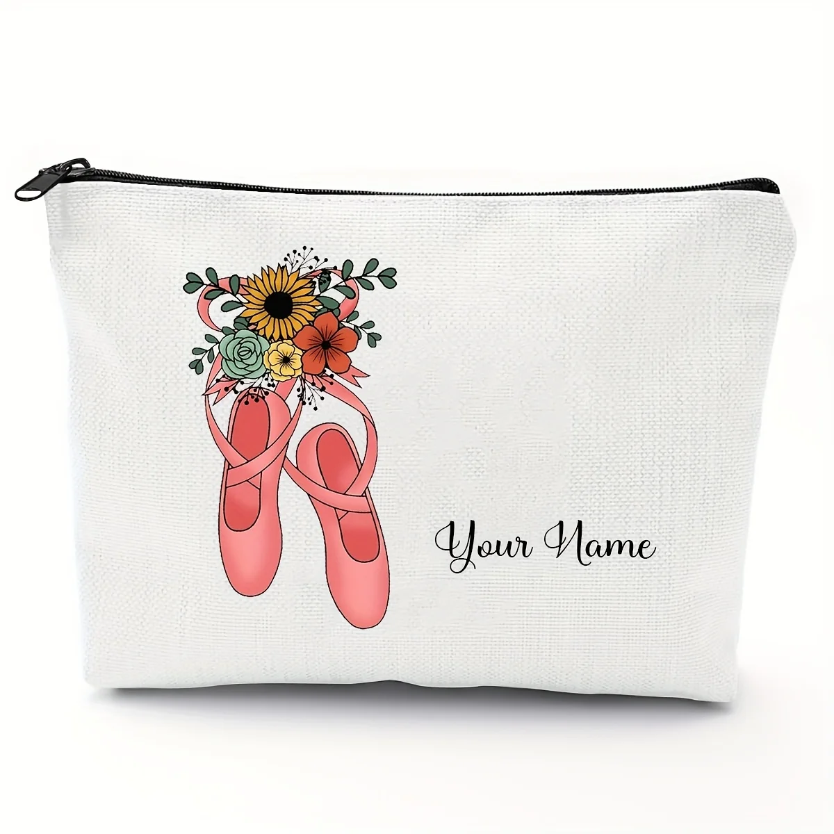 Custom Canvas Cosmetic Bag Floral Ballet Shoes Design Personalized Dancer Makeup Pouch Casual Dance Team Gifts with Positioning