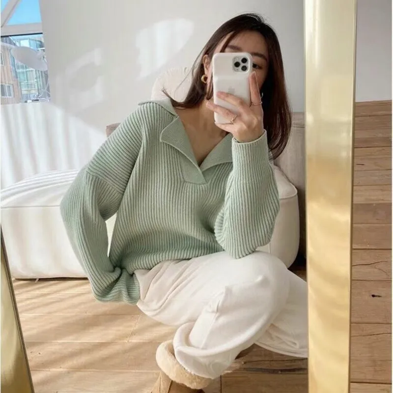 South Korea New Female Sweater Autumn Half open V lapel Pullover Korean Version Of Long sleeved Wearing Loose Sweater