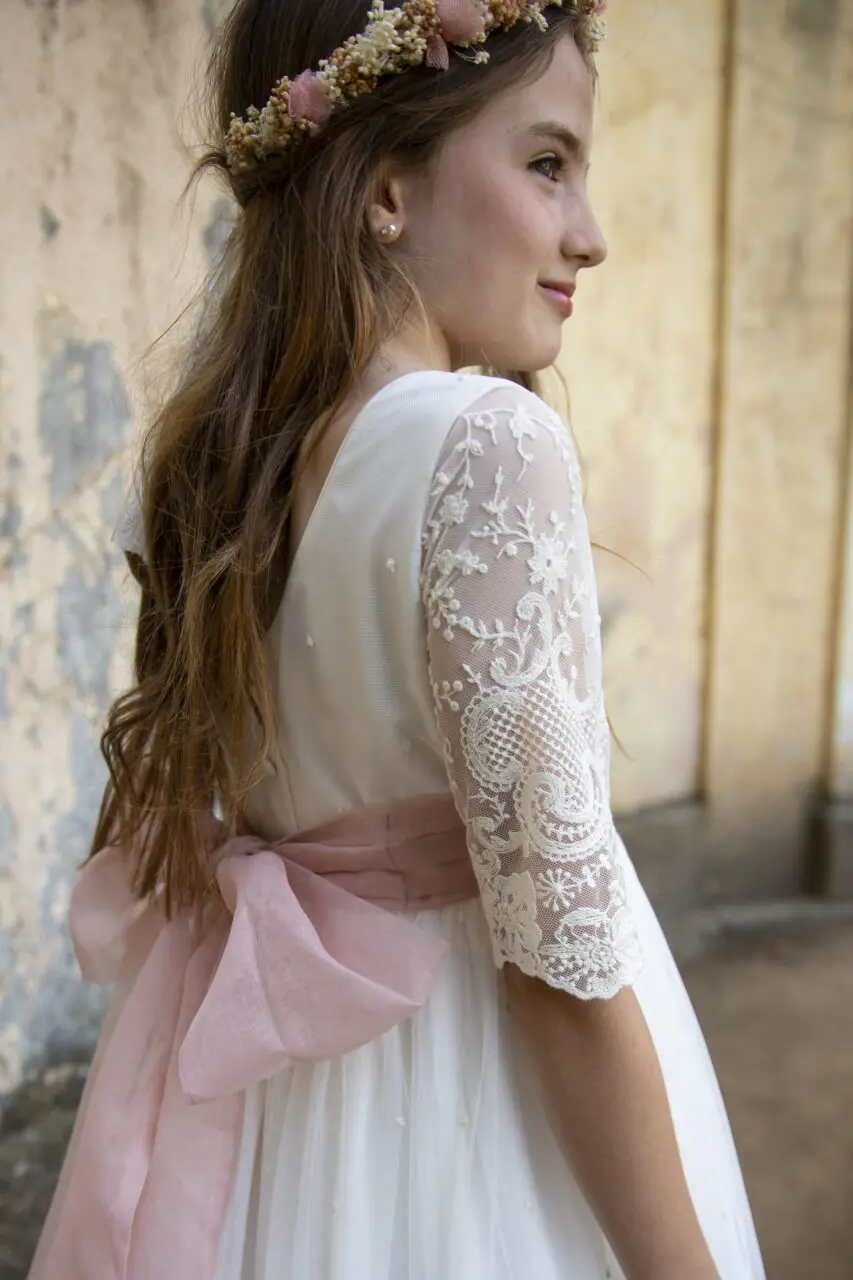 Vestido largo Vintage de media manga para primera comunión, Vestido de encaje de marfil para niña de las flores, faja de tul con lazo, fiesta de boda para niño y cumpleaños