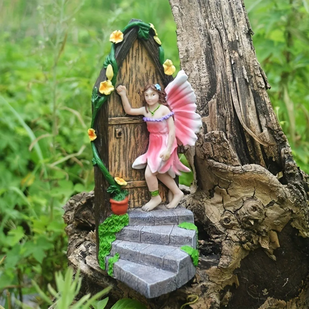 Cute Elf Knocking Garden Decoration Statue Resin Weather Resistant Fairy Door Garden Ornaments Resin Elf Garden