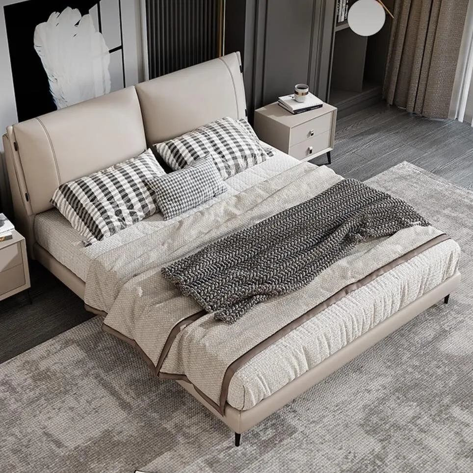 pm-Modern Luxury Italian Minimalist Ergonomic Split Headboard Beige Leather Upholstered Heavy Duty Support King Queen Size Bed