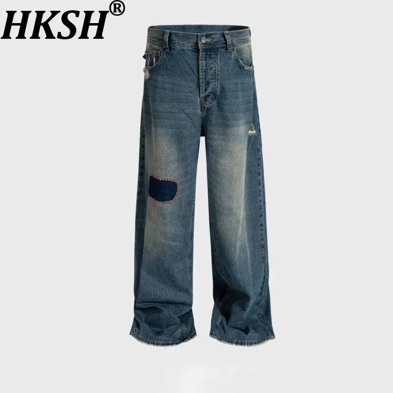 HKSH Spring Autumn New Men's Tide Chic Ins Vintage Ripped Patchwork Jeans Unisex Washed High Street Straight Denim Pants HK26076