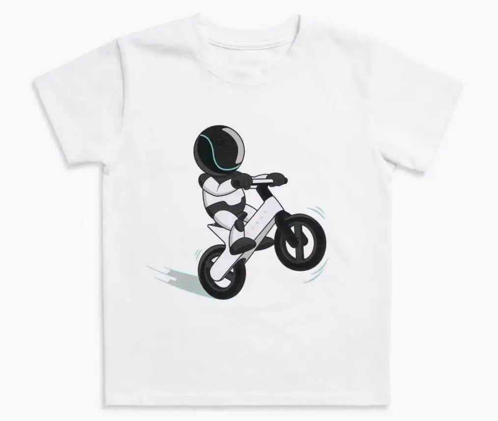 Cartoon robot riding a balance bike - Summer short-sleeved T-shirt with cute pattern - Suitable for both men and women to wear