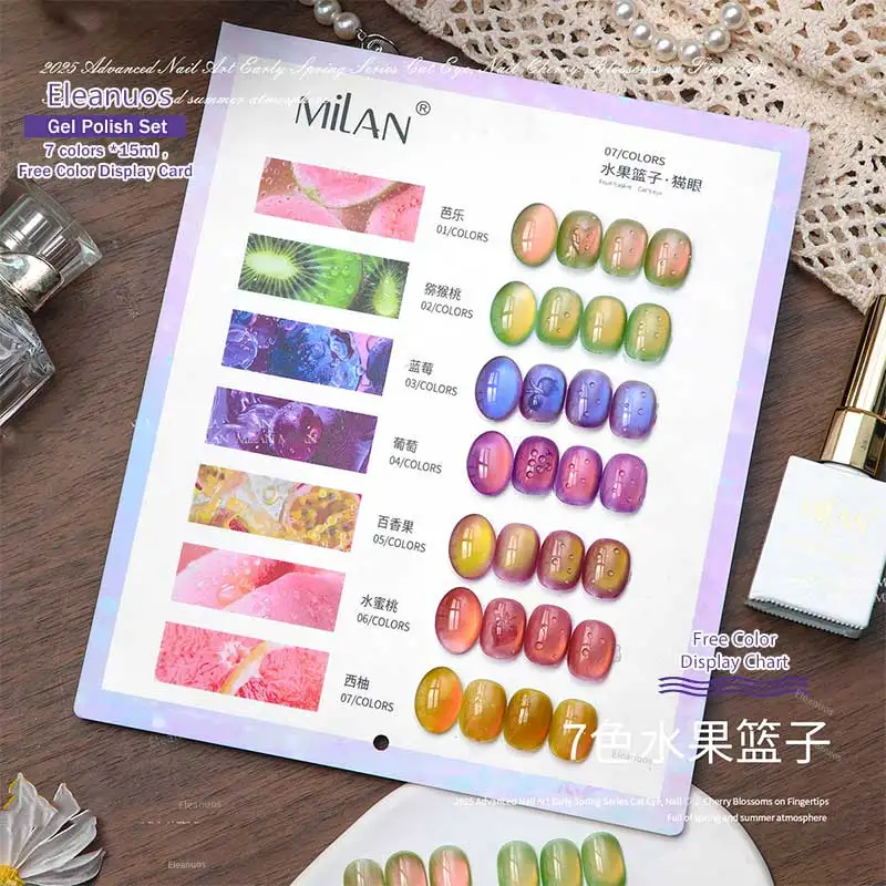 Eleanuos 7 Colors Spring Hot Selling Fruit Cat Eye Gel Nail Polish 2025 New Whitening Guava Glass Beads Nail Polish Green Nails