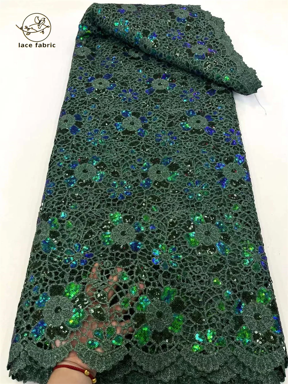 2024 Nigerian Green African Guipure Dress Embroidery Lace Fabrics Senegal Wedding Party Sequins High Quality Cord Lace Fabric