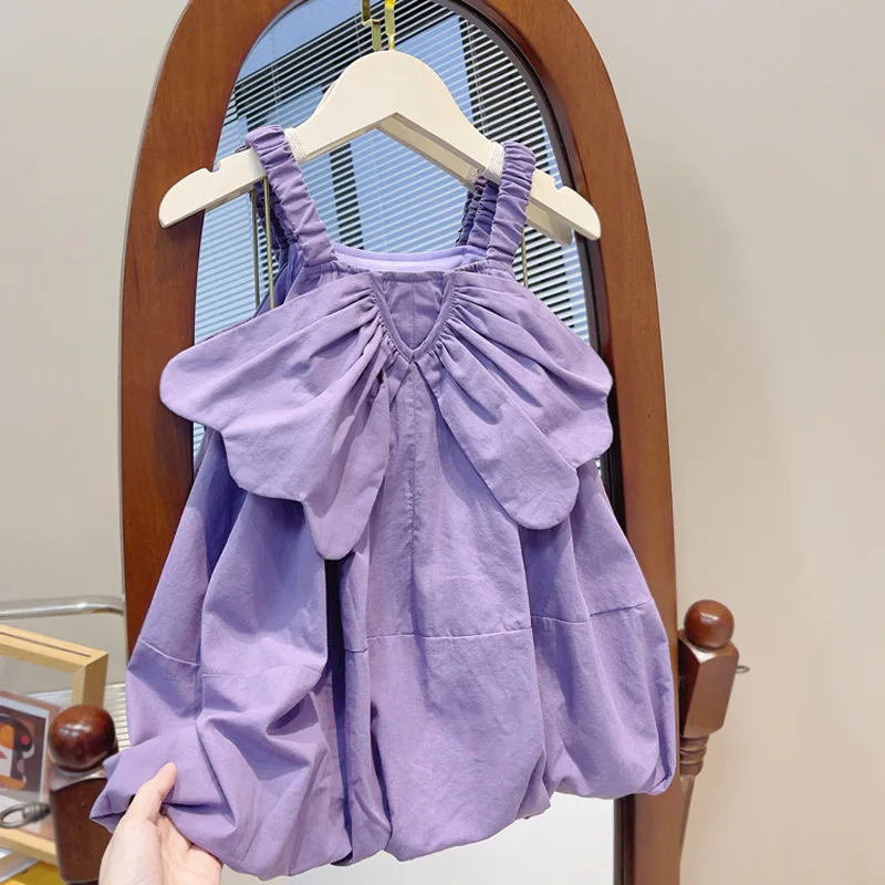 2024Year Cute Wings Girl's Strap Skirt Western Style Summer Children Solid Color Princess Dress Generation Hair