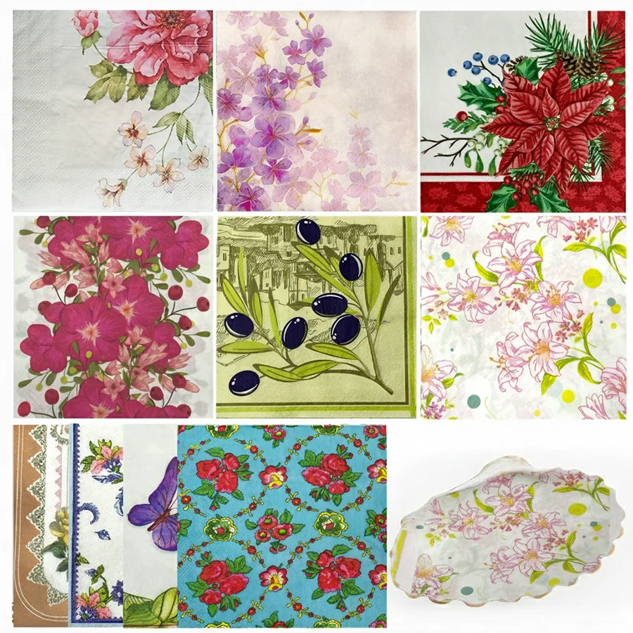 Serviettes en papier imprimées à motifs floraux, jetables, décoratives, pour décoration de table de mariage, bricolage, 20 pièces, assortiment