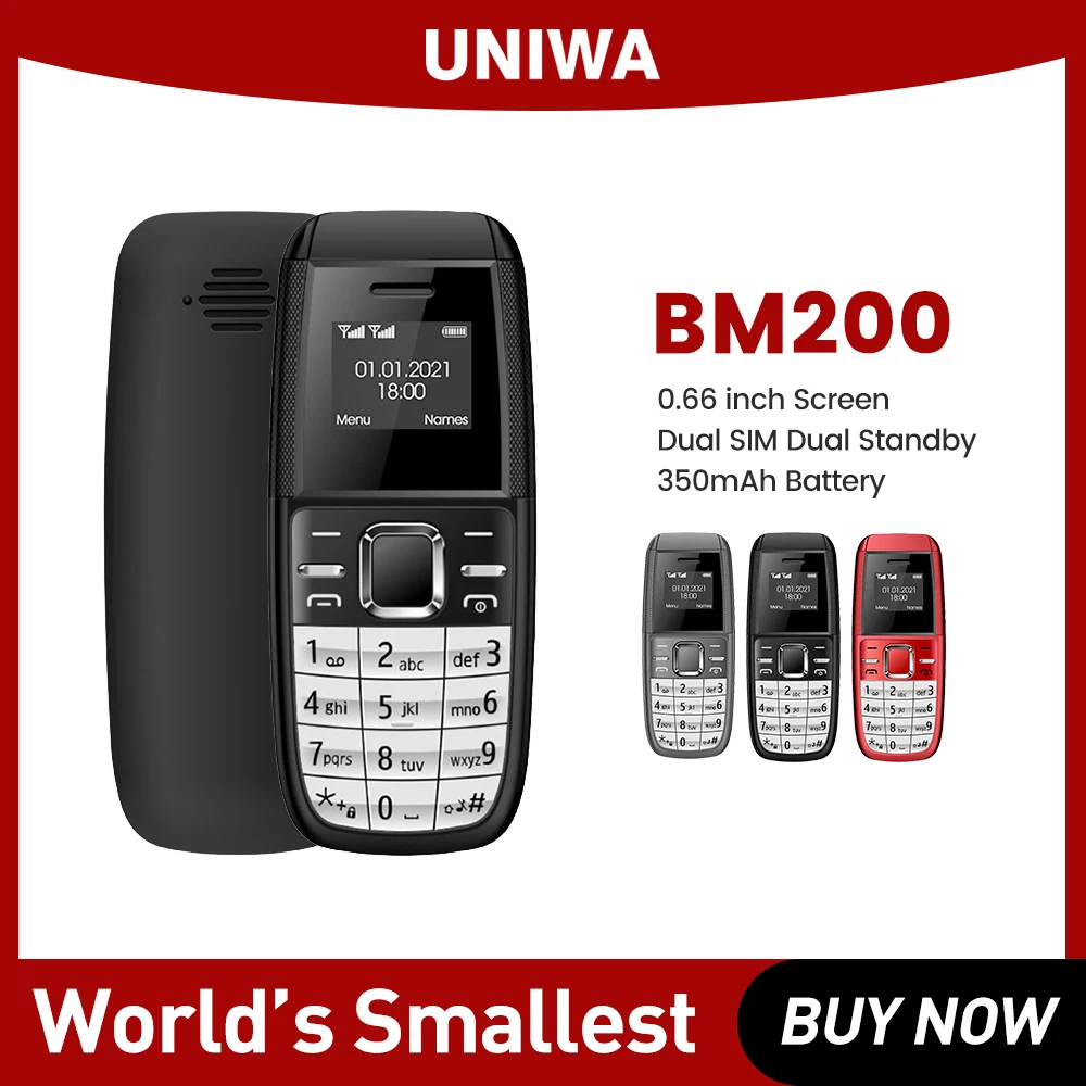 Uniwa BM200 Super Mini Telefoon 0.66 "Pocket Mobiele Telefoons Met Button Toetsenbord Dual Sim Dual Standby Voor Ouderen MT6261D Gsm quad Band