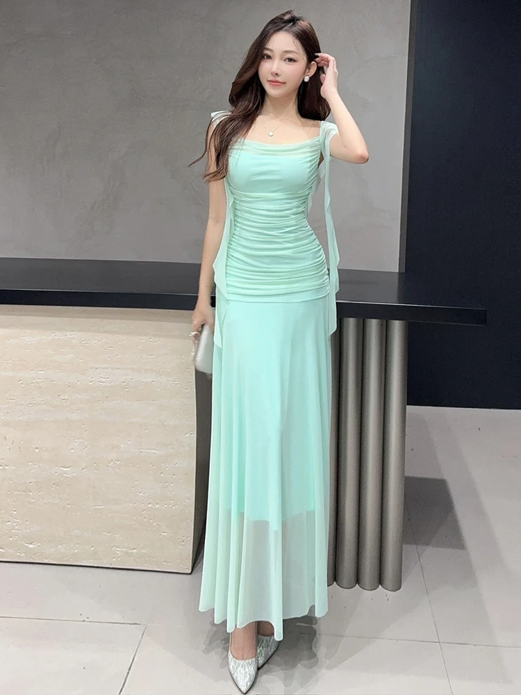 Elegancka damska zielona sukienka typu halter z siateczki, odkryte ramiona, zdobiona wstążkami, czarna suknia wieczorowa bez rękawów, na imprezę, studniówkę, vestidos, robe.