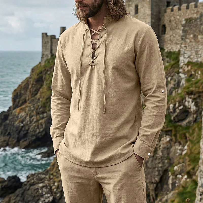2026 Herren Vintage Mittelalterliches Leinenhemd mit Schnürung, Langarm, Henley-Ausschnitt, Locker Geschnitten, Piraten-Cosplay, Strand, Freizeit, Urlaub, Alltagshemd – Detail 5