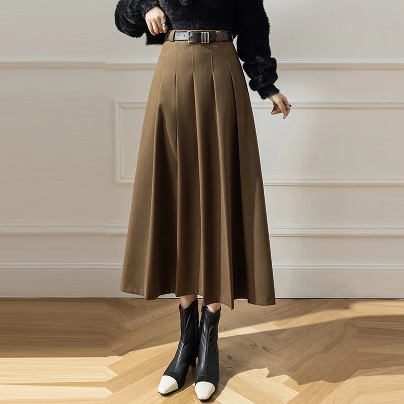 

Gray Thicken Winter Woolen Pleated Skirt Long 2023 High Waist Elegant Casual Below Knee Wool Saias Longas Feminino