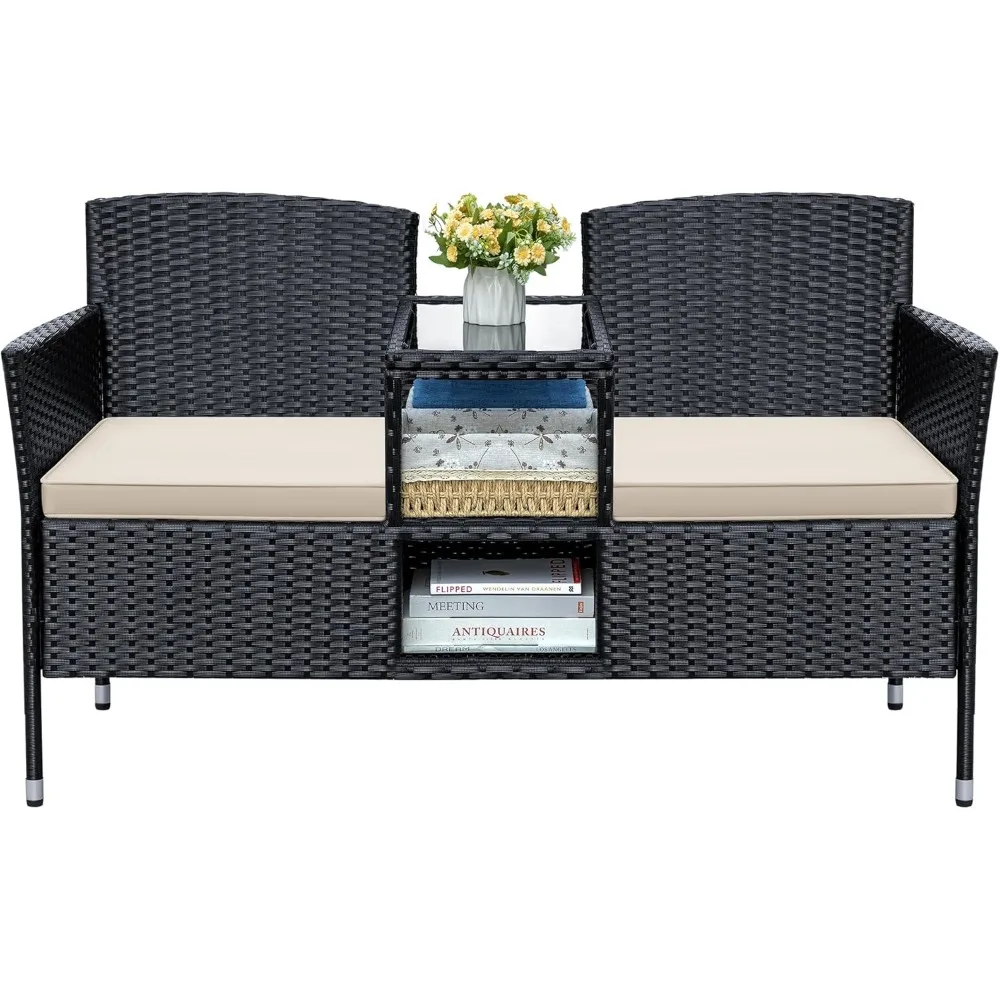 

Patio Loveseat Outdoor Wicker Furniture Conversation Set with Soft Cushions & Built-in Coffee Table for Lawn Garden Backyard, B