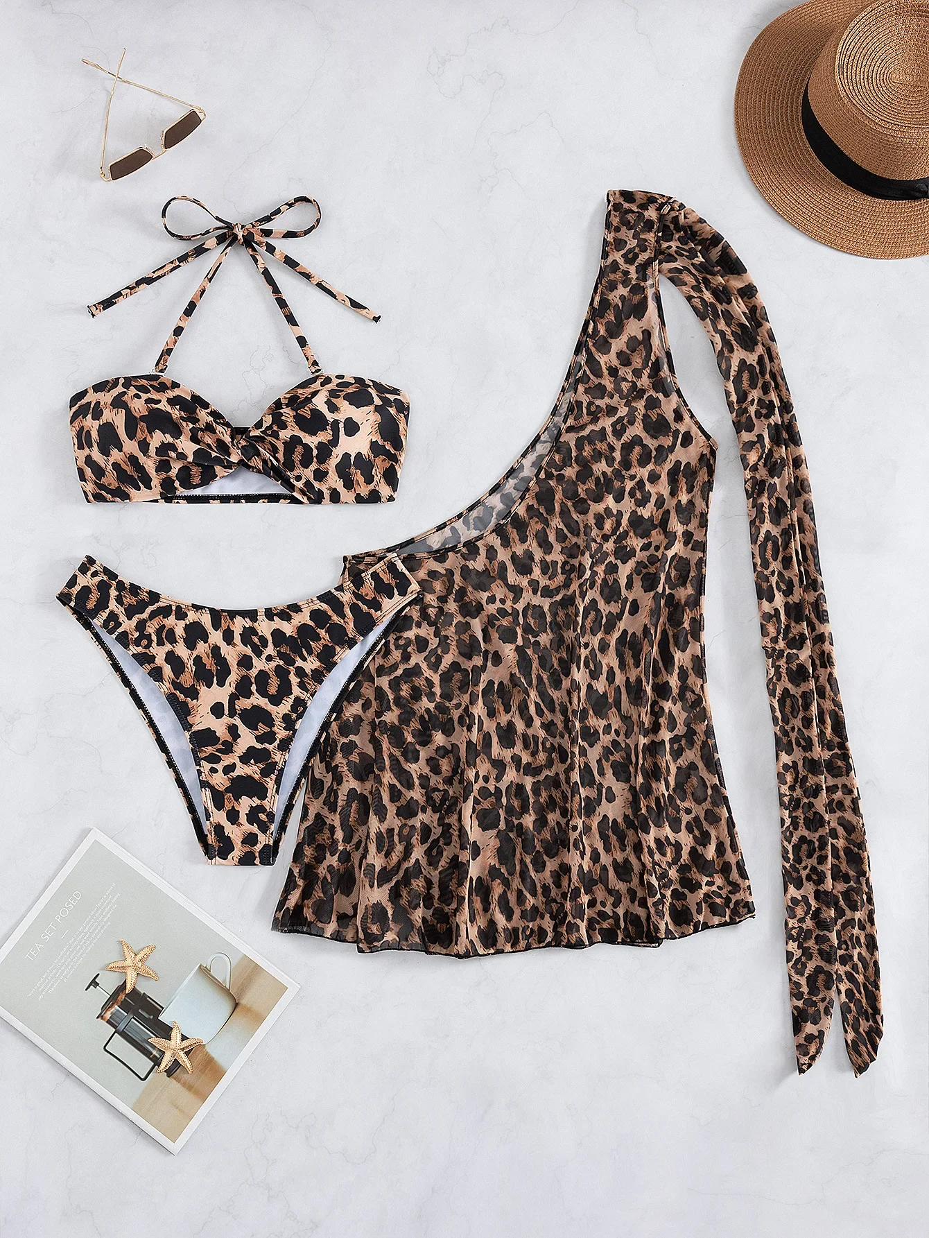 Women's 3-Piece Leopard Micro Bikini Set Sexy Halter Neck Swimwear One Shoulder Blouse Cover-Up Animal Printed Swimsuit Holiday