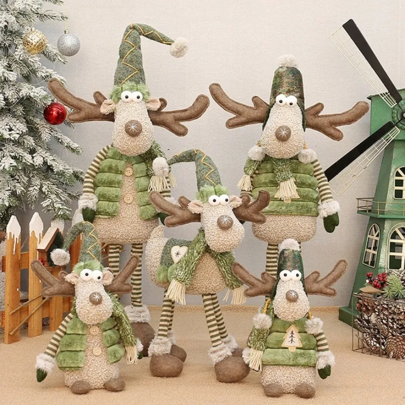 Reno de Navidad elástico ajustable, bonito adorno de ciervo de tela verde de cuatro patas para exhibición de mesa de casa de vacaciones