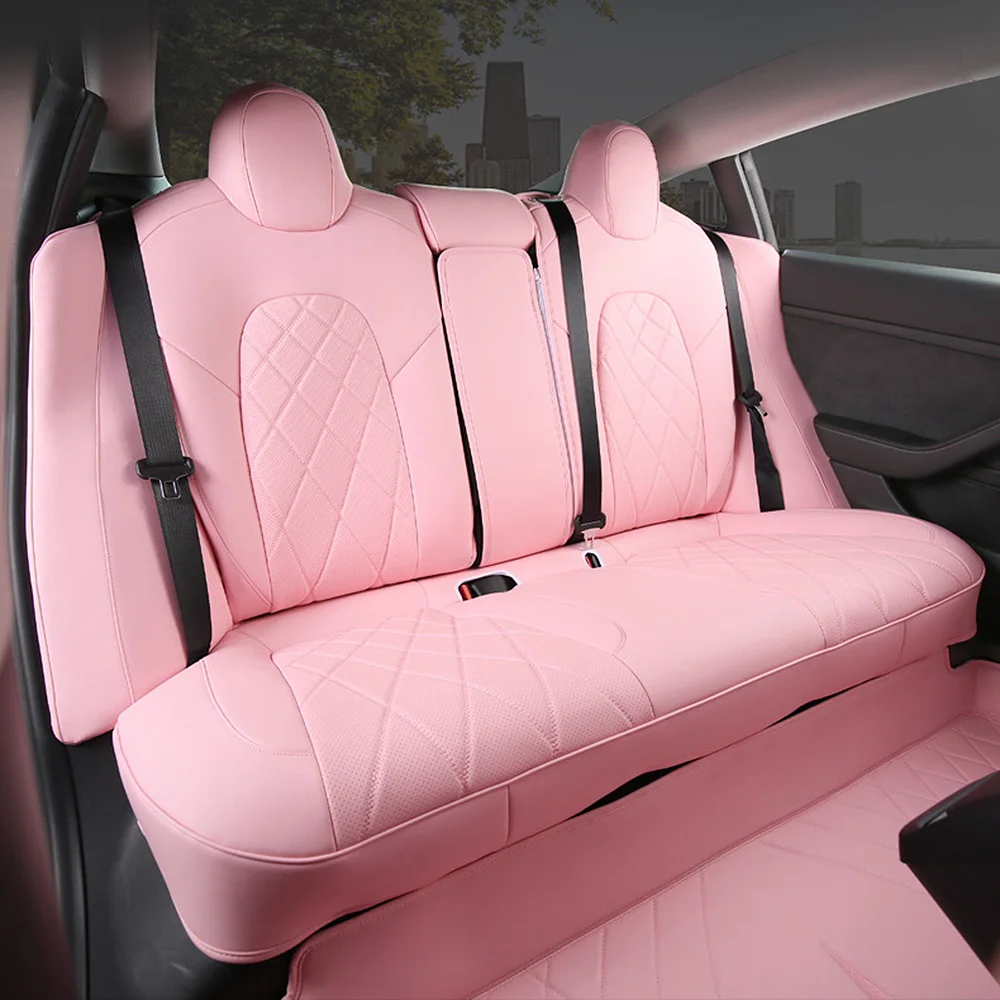 Pink Car Seat Covers Set For 2017 -2022 Tesla Model 3 Vegan Nappa Leather Decoration Protector Accessories For Girls Woman