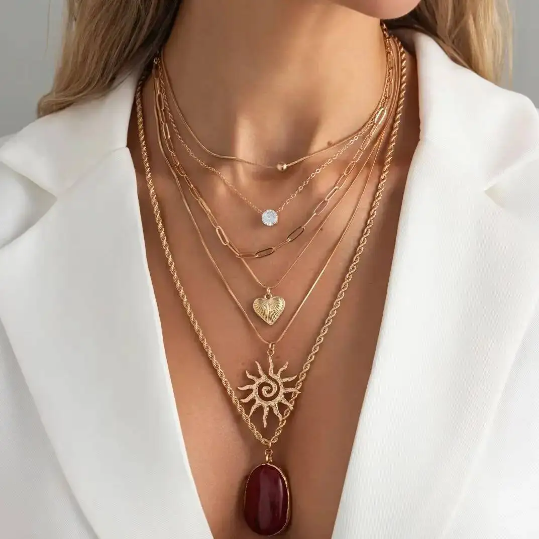 SHIXIN 6Pcs/set Retro MultiLayer Geometry Resin Gold Color Heart Sun Pendant Necklace Women Boho Adjustable Metal Choker Jewelry