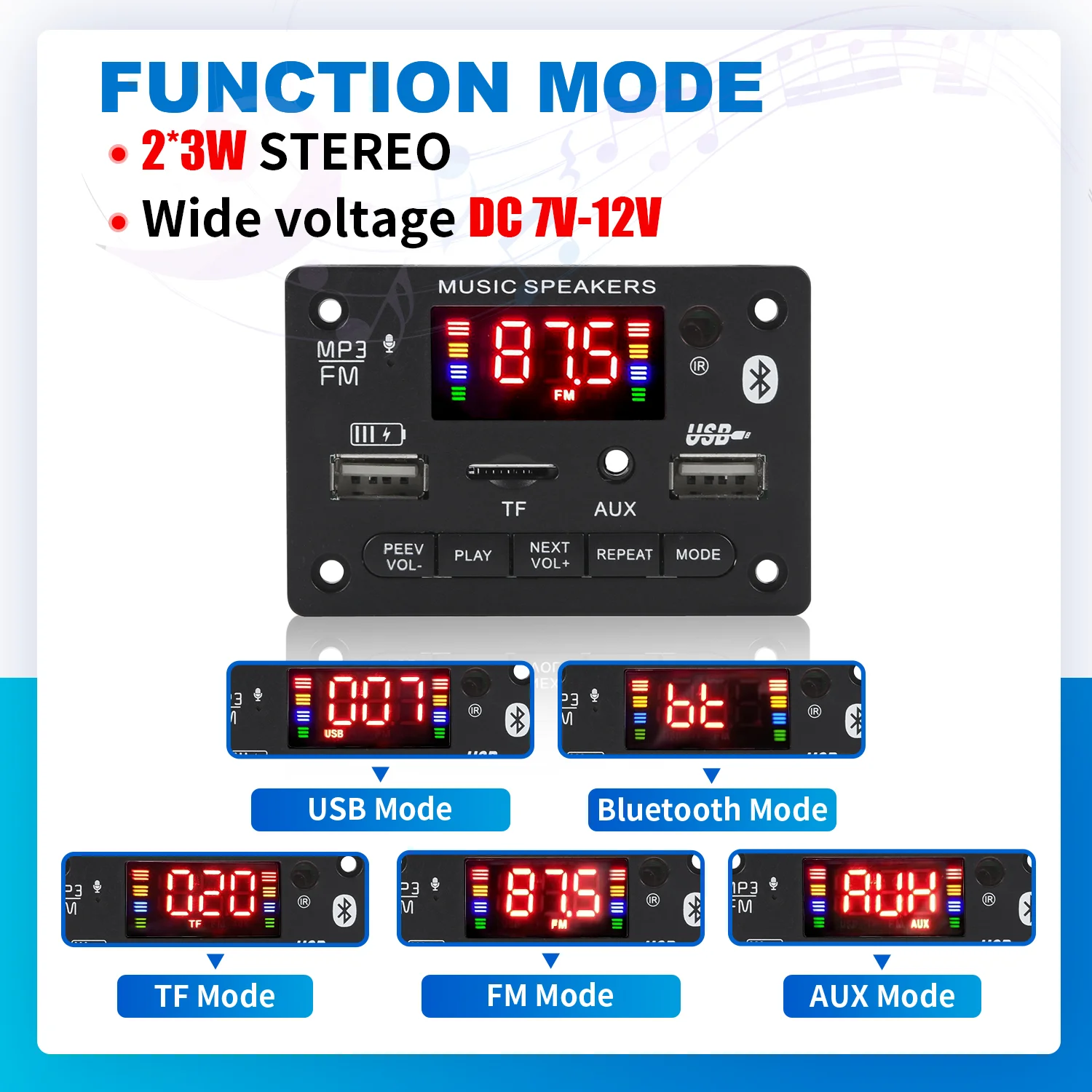 2*3W Class D Stereo Audio Digital Power Amplifier 12V 6W Decoder Board Car MP3 Player USB Record FM AUX Handsfree DIY Control