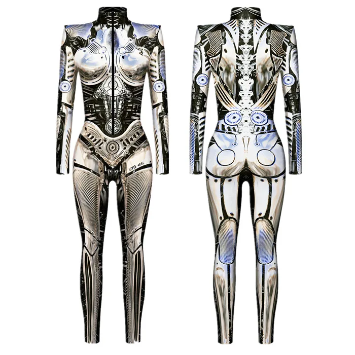 Halloween Futuristic Technology Cosplay Costume Women Kids 3D Print Party Bodysuit Robot Mechanical Jumpsuit Carnival Onesies