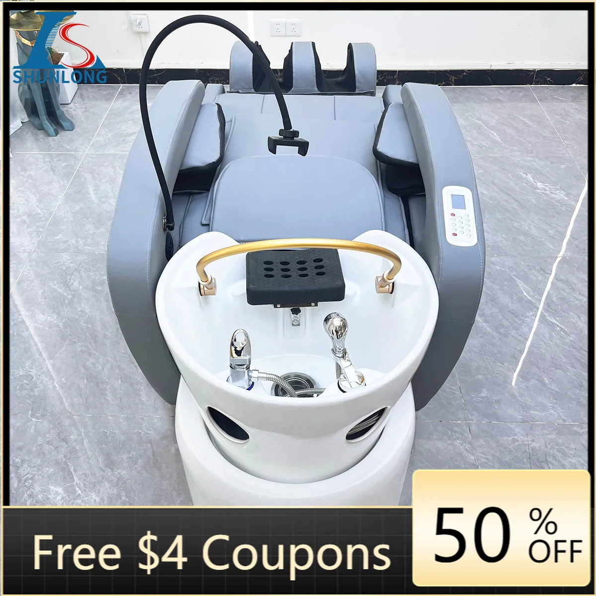 Grey PU Thai Shampoo Bed with Electric Control & Shower Nozzle, Reclining Head Spa Hair Washing Chair for Beauty Salon Barber Sh