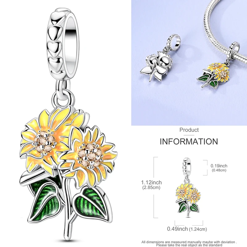 Katzen- und Sonnenblumen-Charm aus 925 Sterling Silber, gelbe Blume, Sonnenblume, Hausperlen, passend für Original-Armreifen, Damen-DIY-Schmuck – Detail 31