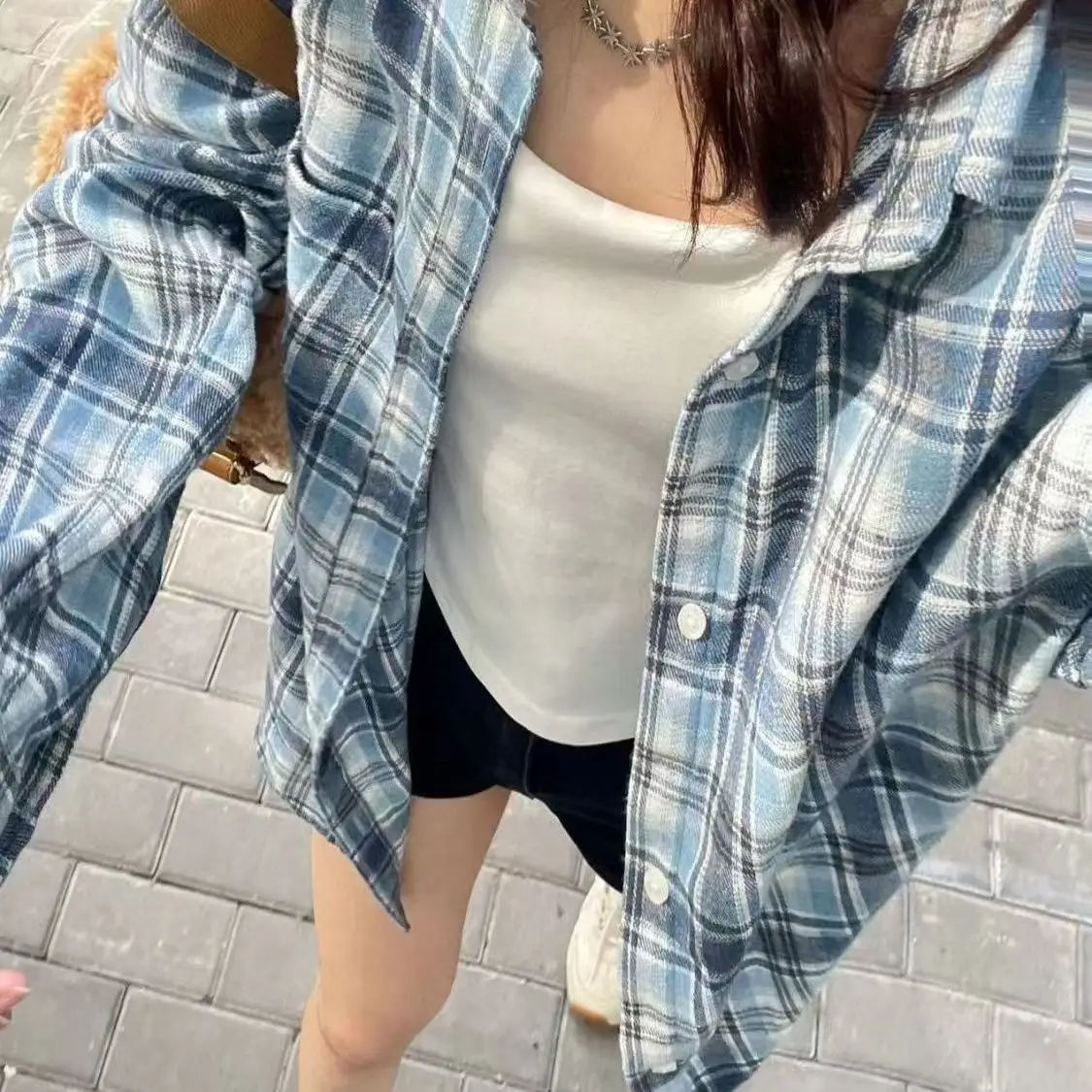

2024 New Blue Plaid irt Jaet Women Loose Casual Meat Covering Middle Length irt Outerwear Sweet Sle Polyester Fabric