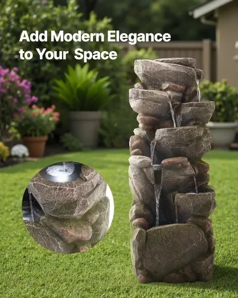 Outdoor Water Fountain, 38.98 in Height Fountain and Waterfall, 7-Tier Floor Standing Rock-Shaped