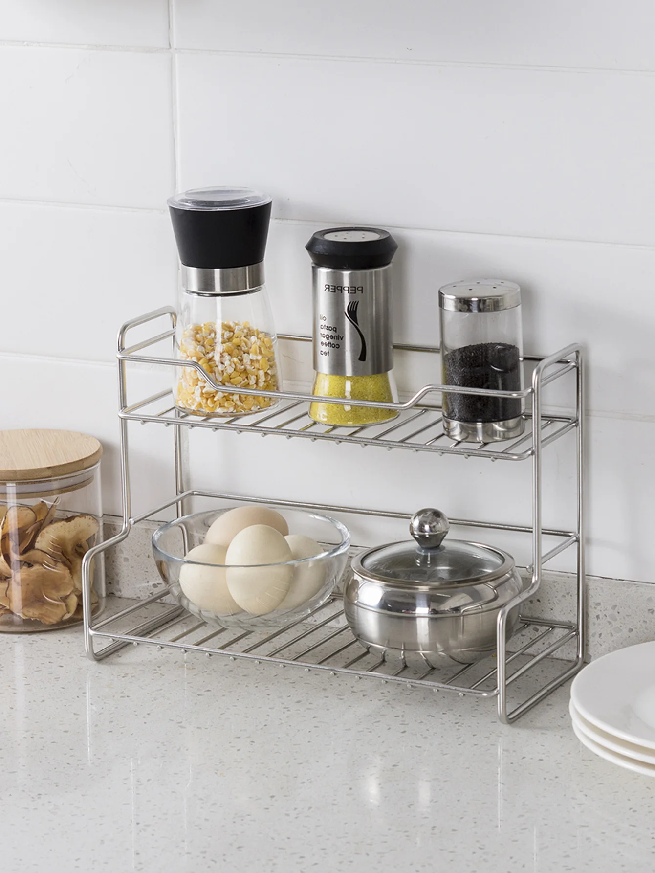 

Small L-Shaped Stainless Steel 2-Tier Spice Rack, Countertop Kitchen Organizer Shelf for Seasoning, Oil, Coffee Storage Rack