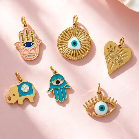 Boho Cross Eye Stainless Steel Enamel Charms Hamsa Hand Elephant Golden Pendants for Spiritual Amulet Bracelet Necklace Making