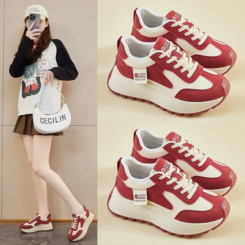 

4 см кожаные кроссовки на танкетке из микрофибры, модные женские весенне-осенние массивные кроссовки, дышащая удобная вулканизированная студенческая обувь