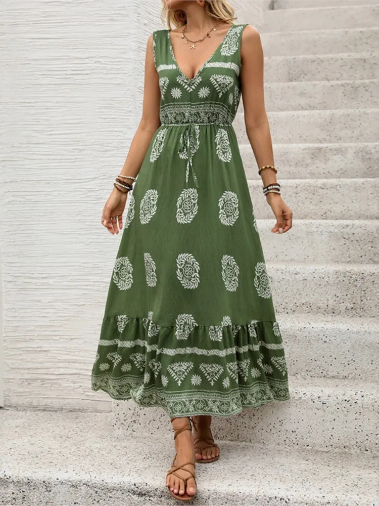 Fashion V Neck Dress For Women Casual Print Sleeveless Loose Dresses Lady Boho Holiday Beach Skirts Womens Clothing Robe Femme