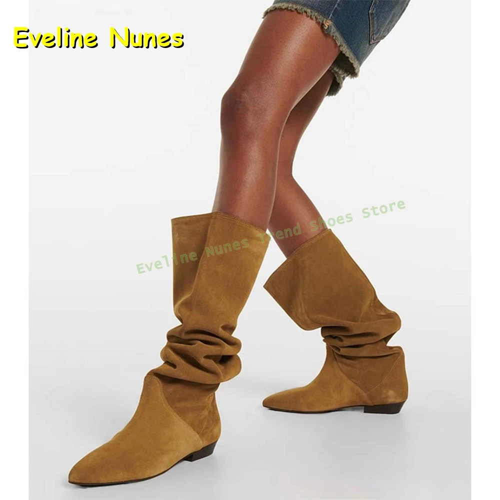 

2025 Brown Pleated Slouch Boots Autumn Retro New Style Pointed Toe Chunky Heels Pull On Solid Women Western Cowboy Boots Trend