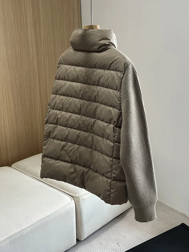 Piumino da donna europeo moda autunno e inverno Giacca dimagrante con giunture lavorate a maglia