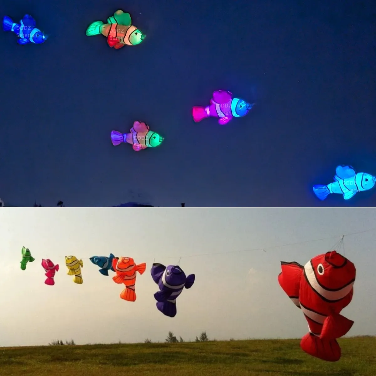 Bündel 2,4 m LED-Clownfisch-Drachen, weich, aufblasbar, im Dunkeln leuchtender Drachen, 40 DRipstop Nylon Line Wäsche mit Batteriekasten DDDZ