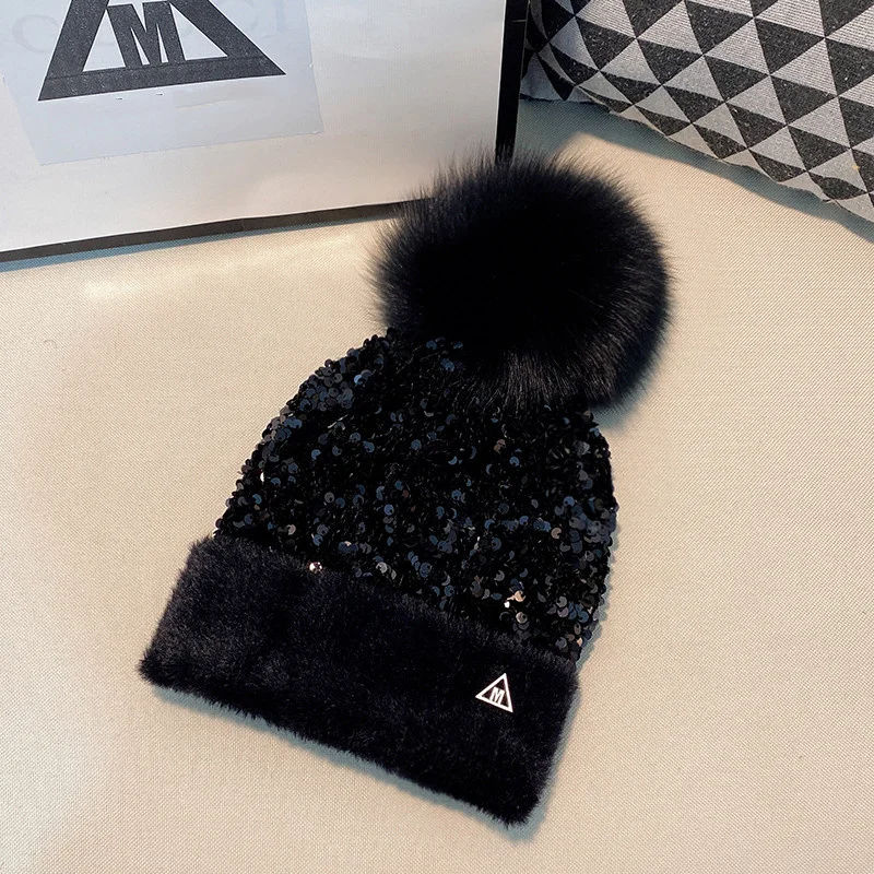 Fashion Sequins Winter Warm Beanies Mink Cashmere Knit Hats For Women Ear protection Female Hats High Quality Cap y2k
