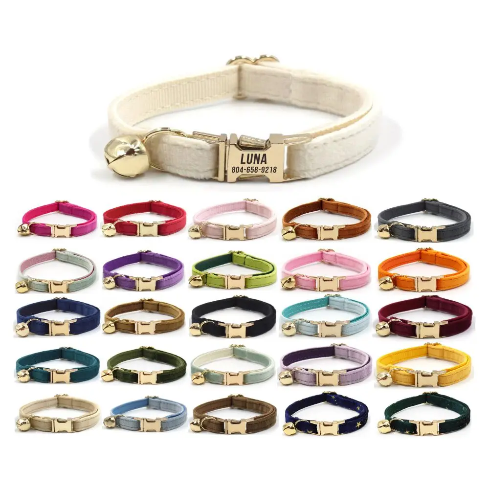 

Free Engraving Customized Multicolor Soft Velvet Cat Collar with Small Bell, Cat Supply, Cat Accessory