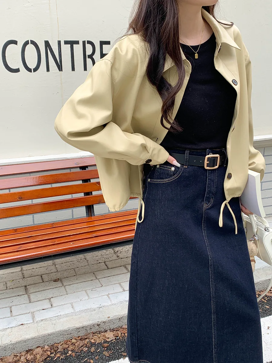 レディース 2025年冬 カジュアル ドローストリング ラペル PUレザー ジャケット 長袖コート スタイリッシュでファッショナブル