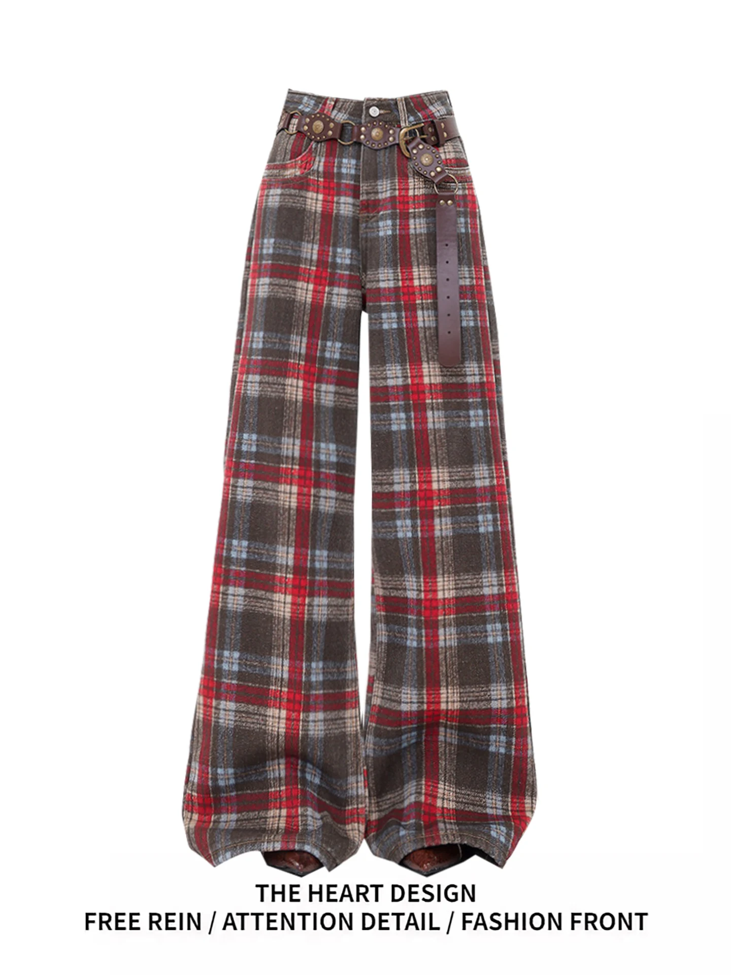 

American Retro Red Plaid Wide Leg Jeans Women's Spring Autumn New Sle Slimming Loose Versatile Straight Leg Pants