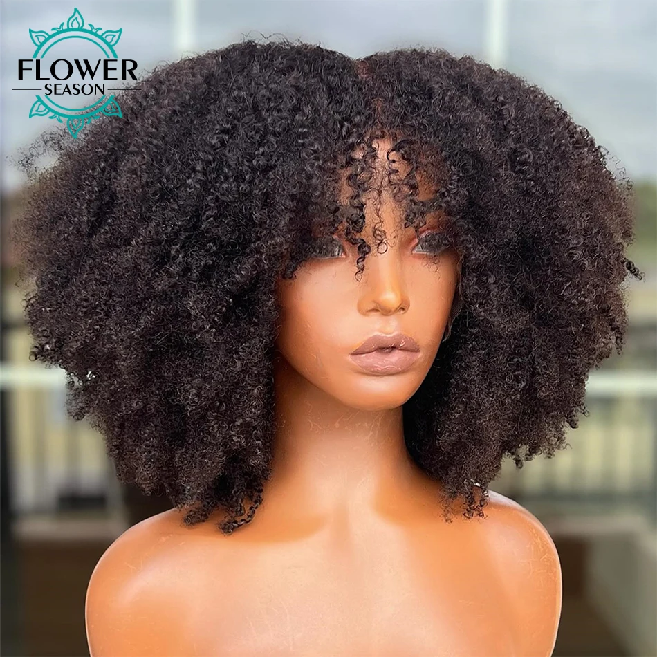 Kinky Curly Wigs With Bangs 200 Density Brazilian Afro Kinky Curly Human Hair Wigs Scalp Top Full Machine Made Wig for women