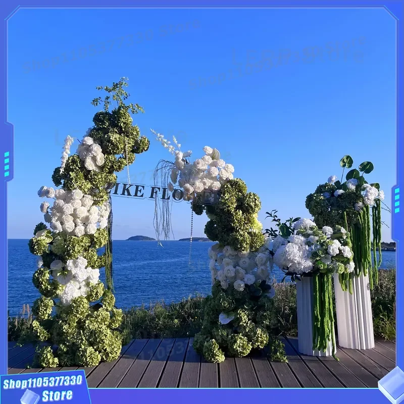 Large White Hydrangea Green Wedding Arch Party Stage Background Decoration for Ceremony Pillars Floral Arrangement Stand