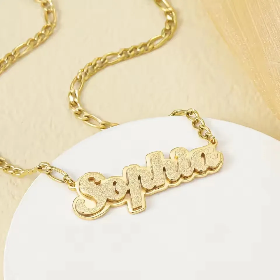 Personalized Double Layer Name Necklace For Women Custom Gold Plated Stainless Steel Nameplate Frosted Pendant Chain For Women