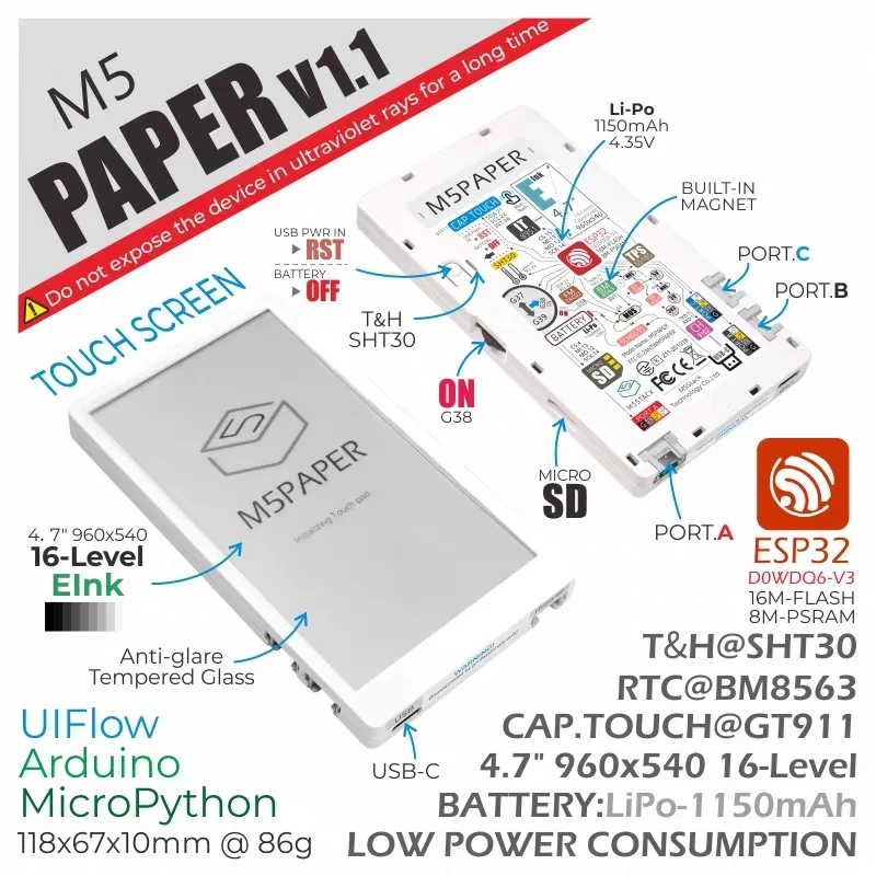 Official M5Stack M5Paper V1.1 4.7-inch E-Ink Touch Screen ESP32 Development Board
